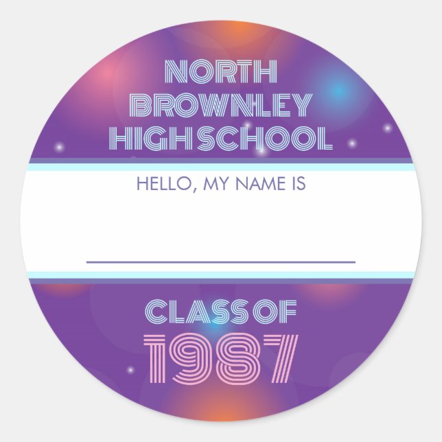 Retro disco class reunion name tag sticker (Front)