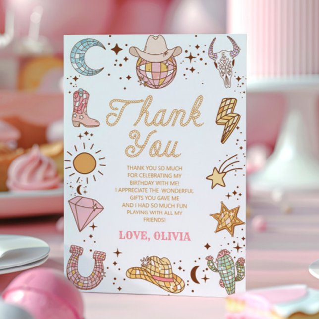 Retro Disco Cowgirl Rodeo Birthday Party Thank You Card (Creator Uploaded)