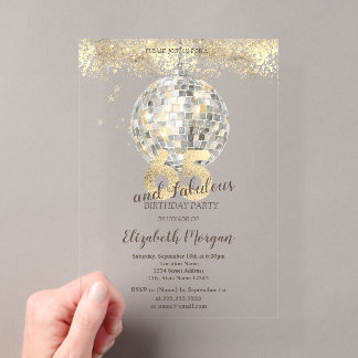 Retro Disco Crown Gold Confetti 65th Birthday Acrylic Invitations