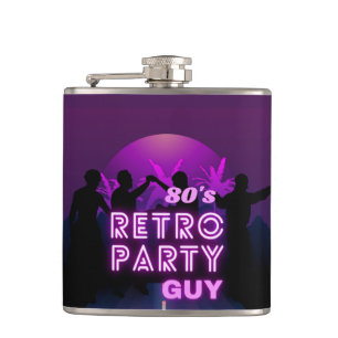 Retro disco dance party purple neon sign hip flask