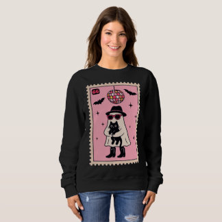 Retro Disco Ghost with Black Cat Halloween Stamp Sweatshirt