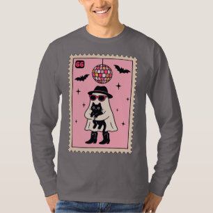 Retro Disco Ghost with Black Cat Halloween Stamp T-Shirt
