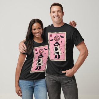 Retro Disco Ghost with Black Cat Halloween Stamp T-Shirt