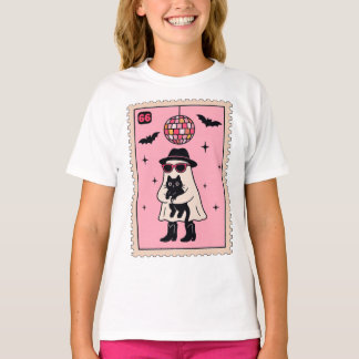 Retro Disco Ghost with Black Cat Halloween Stamp T-Shirt