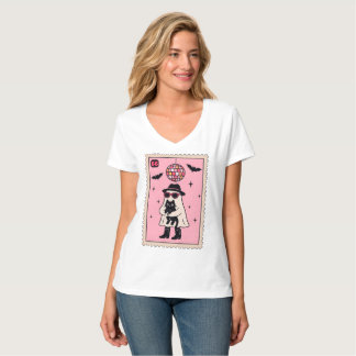 Retro Disco Ghost with Black Cat Halloween Stamp T-Shirt