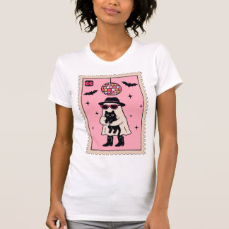Retro Disco Ghost with Black Cat Halloween Stamp T-Shirt