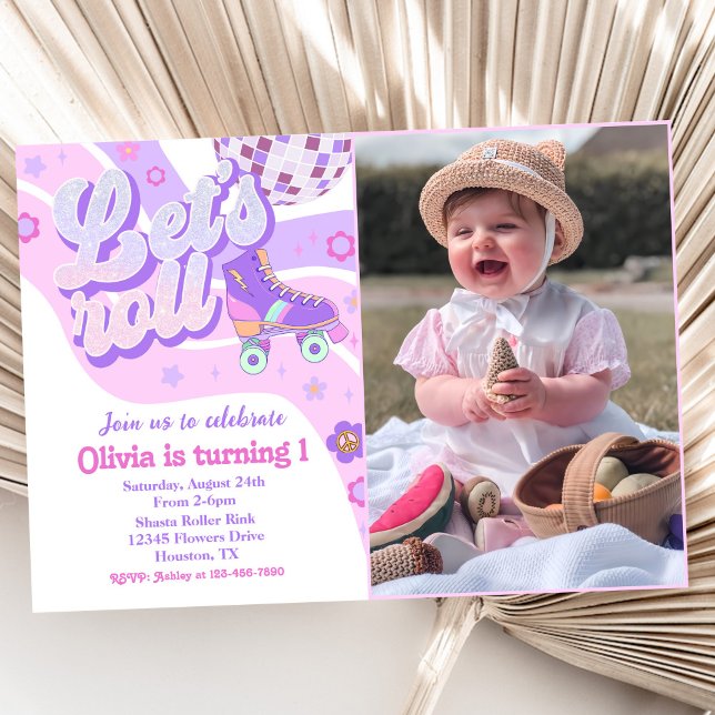 Retro Disco Roller Skate Let's Roll 1st Birthday  Invitation (Creator Uploaded)