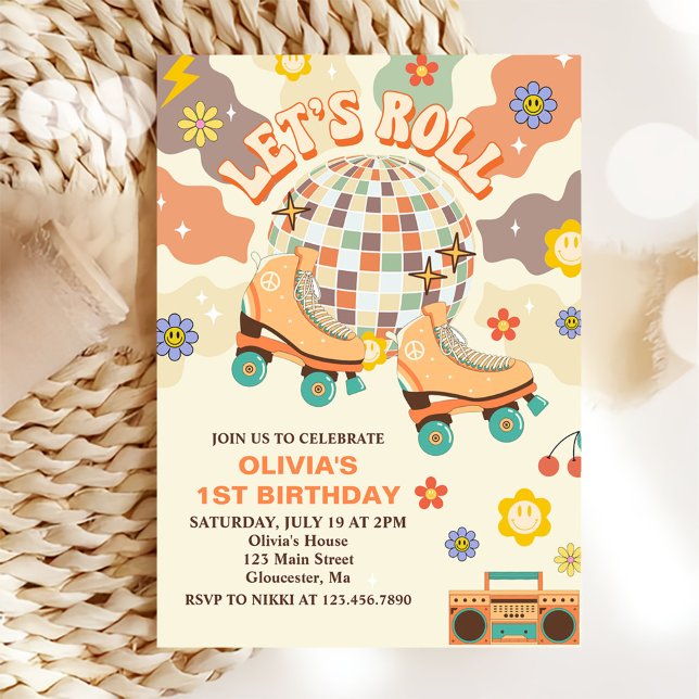 Retro Disco Roller Skate  Let's Roll 1st Birthday Invitation (Creator Uploaded)