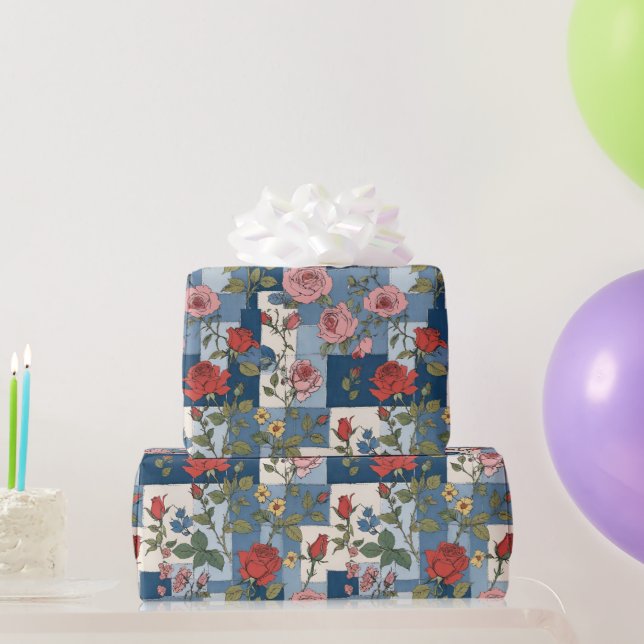 Retro Distressed Denim Patchwork and Roses Floral Wrapping Paper (Party Gifts)