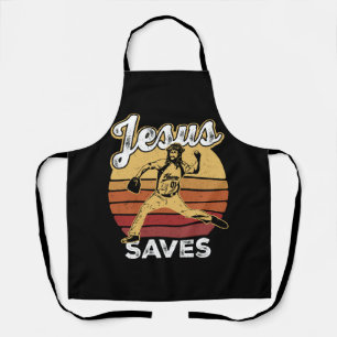 Retro Distressed Jesus Saves Baseball Pitcher Fan Apron