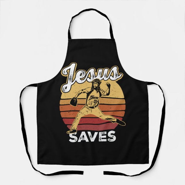Retro Distressed Jesus Saves Baseball Pitcher Fan  Apron (Front)
