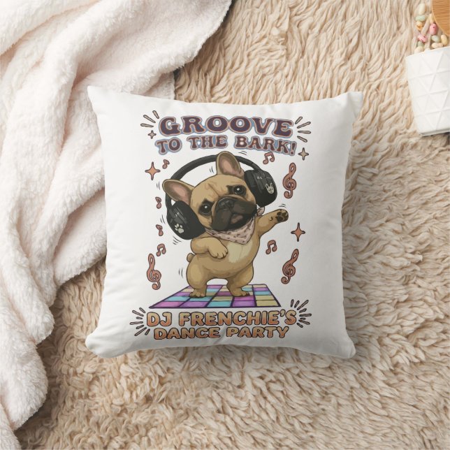 Retro DJ Frenchie Dance Party Graphic Cushion (Blanket)