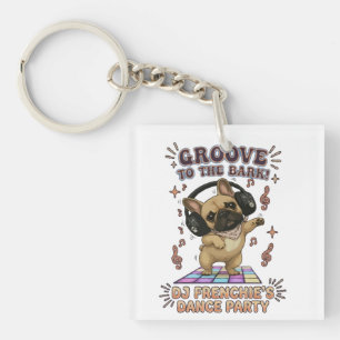 Retro DJ Frenchie Dance Party Graphic Key Ring