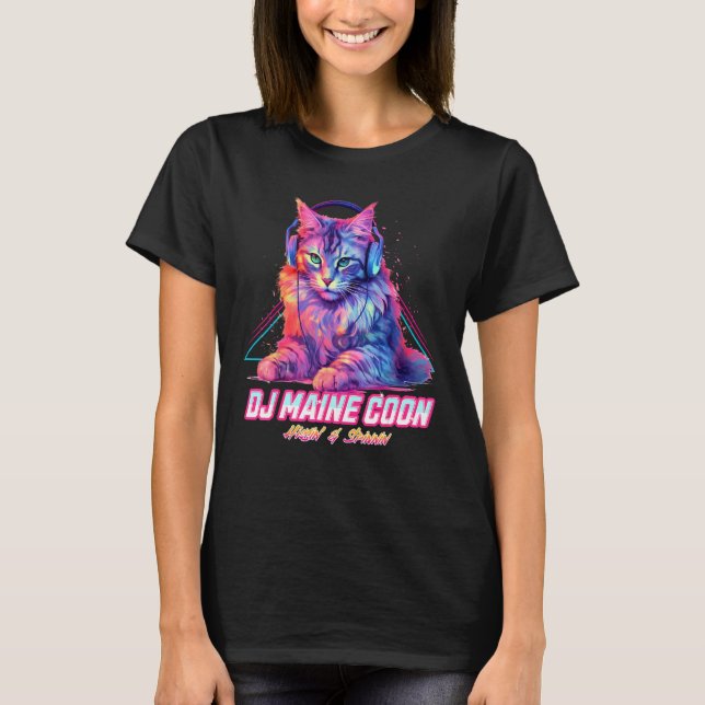 Retro DJ Maine Coon Cat Headphones Music Chill Wav T-Shirt (Front)