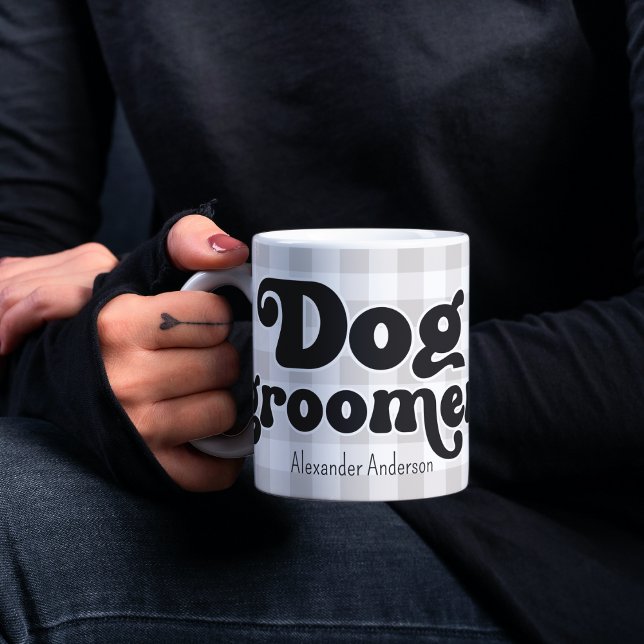 Retro Dog Groomer on Buffalo check custom name Coffee Mug (Retro Dog Groomer Coffee Mug - Personalized Mug for Pet Salon Enthusiasts with Custom Name)