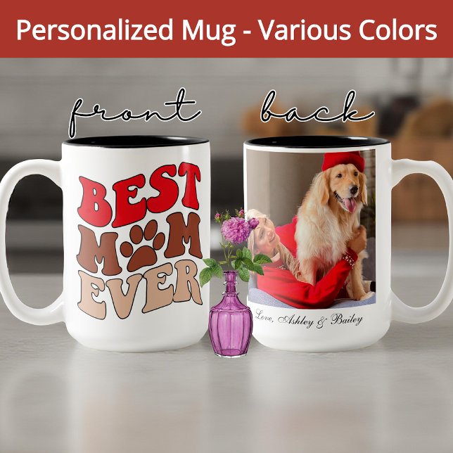 Retro Dog Mum Mug, Custom Photo Mother’s Day Gift Two-Tone Coffee Mug (best dog mom ever mug, retro dog mom mug, dog mom gift, dog lover mug, pet mom mug, best mom ever)