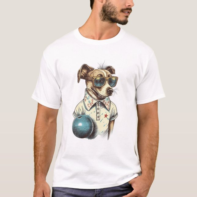 Retro Dog Playing Bowling T-Shirt (Front)