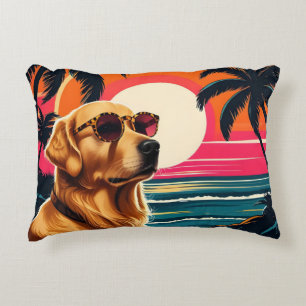 Retro Dog Sunglasses Vintage Sunset Beach Decorative Cushion