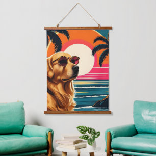 Retro Dog Sunglasses Vintage Sunset Beach Hanging Tapestry