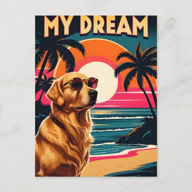 Retro Dog Sunglasses Vintage Sunset Beach  Holiday Postcard (Front)