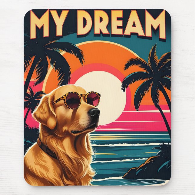 Retro Dog Sunglasses Vintage Sunset Beach  Mouse Mat (Front)