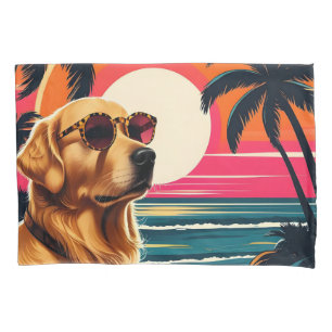 Retro Dog Sunglasses Vintage Sunset Beach  Pillowcase
