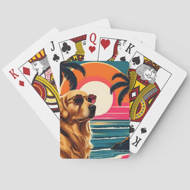 Retro Dog Sunglasses Vintage Sunset Beach  Playing Cards (Back)