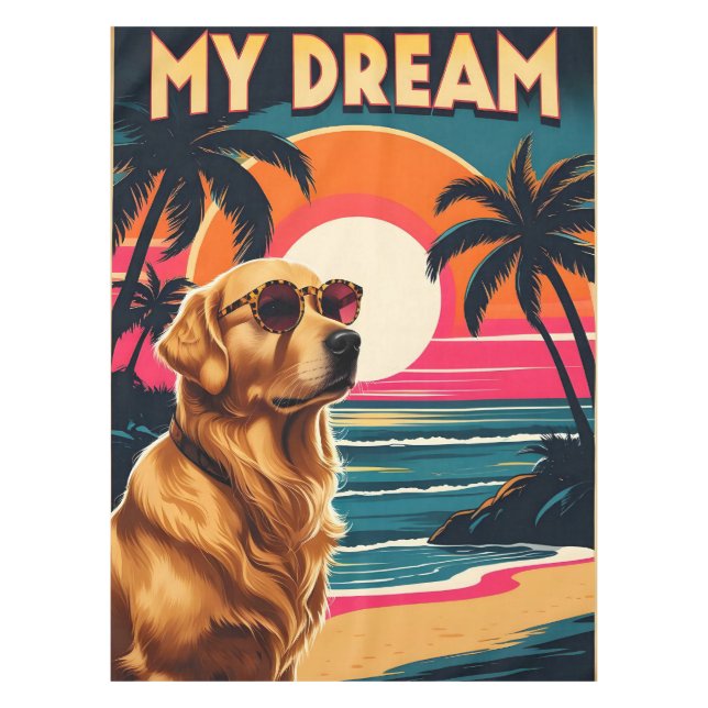 Retro Dog Sunglasses Vintage Sunset Beach  Tablecloth (Front)
