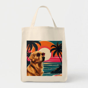 Retro Dog Sunglasses Vintage Sunset Beach  Tote Bag