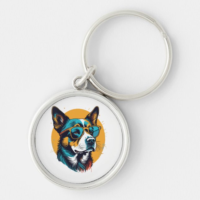 Retro Dog wearing sunglasses Key Ring (Front)