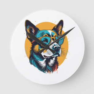 Retro Dog wearing sunglasses Round Clock