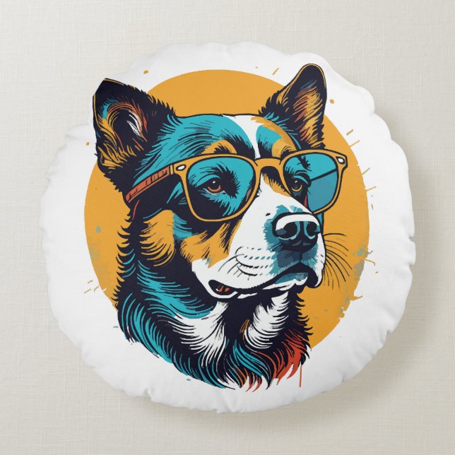 Retro Dog wearing sunglasses Round Cushion (Front)