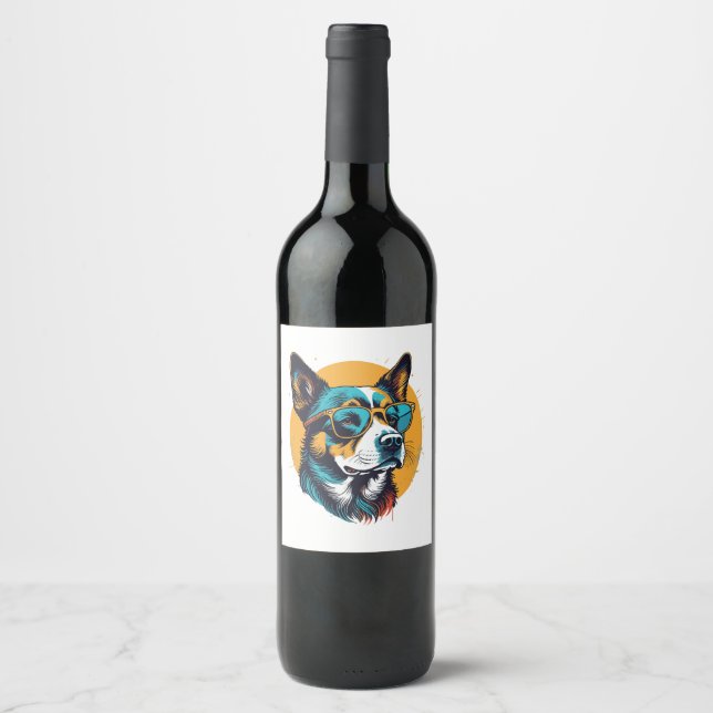 Retro Dog wearing sunglasses Wine Label (Front)