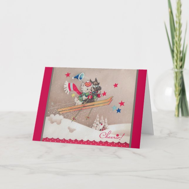 Retro Dogs Skiing Christmas Greeting Card (Front)