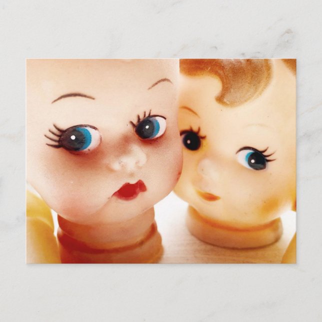 Retro Dolls Selfie Wedding Announcement Postcard (Front)