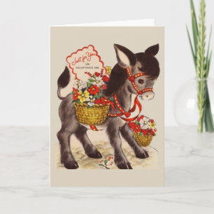 Retro Donkey with Flowers Valentine Greeting Card