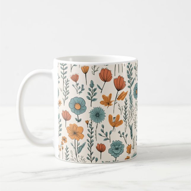 Retro Doodle Flowers Botanical Floral Patterns Coffee Mug (Left)