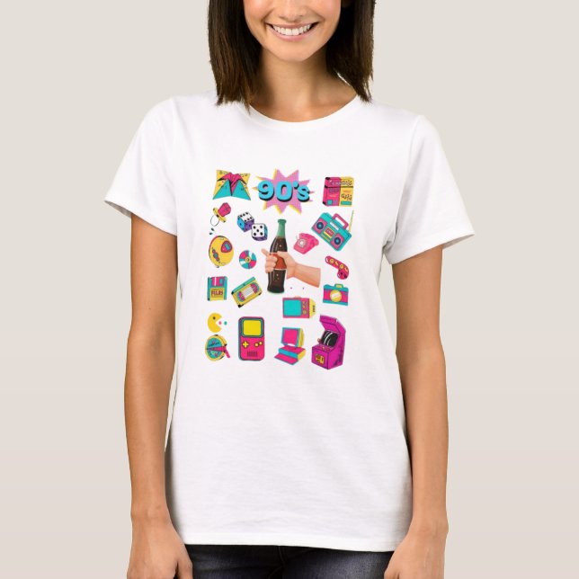 Retro Doodle Sticker Collage Graphic T-Shirt (Front)