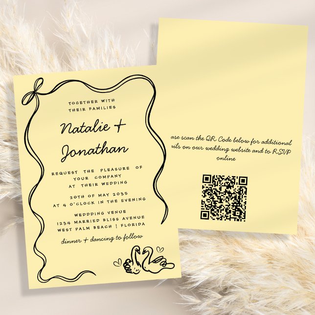 Retro Doodle Swans Yellow Black QR Code Wedding Invitation (Creator Uploaded)