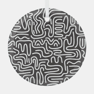 Retro Doodle Wavy Lines: Monochrome Glass Tree Decoration