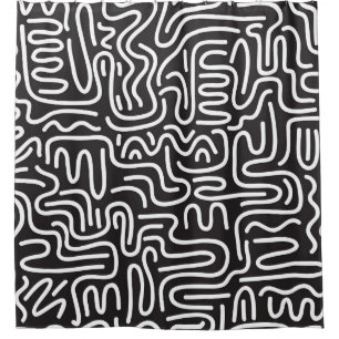 Retro Doodle Wavy Lines: Monochrome Shower Curtain