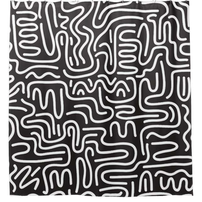 Retro Doodle Wavy Lines: Monochrome Shower Curtain (Front)