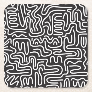 Retro Doodle Wavy Lines: Monochrome Square Paper Coaster