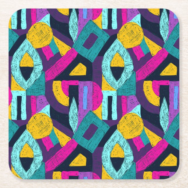 Retro doodles: geometric pop art. square paper coaster (Front)