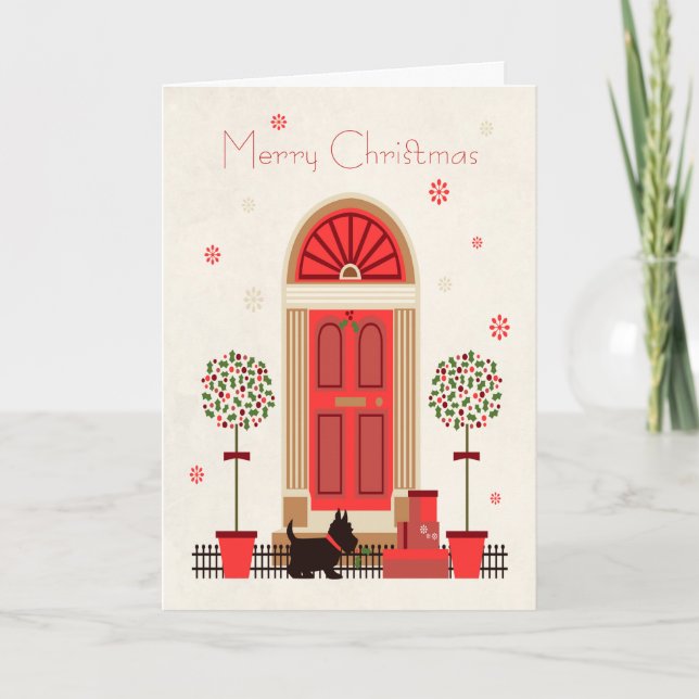 Retro Doorway with Black Terrier Dog for Christmas Holiday Card (Front)