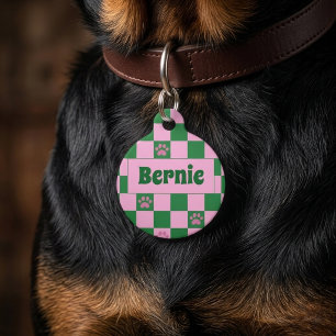 Retro Dopamine Pink Green Paw Dog Name Pet ID Tag