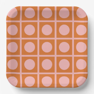 Retro Dot Grid Pink and Orange Pattern Paper Plate
