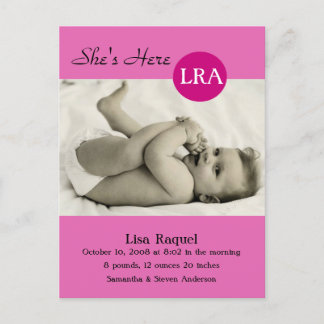 Retro Dot Photo Birth Announcement (Pink) Postcard