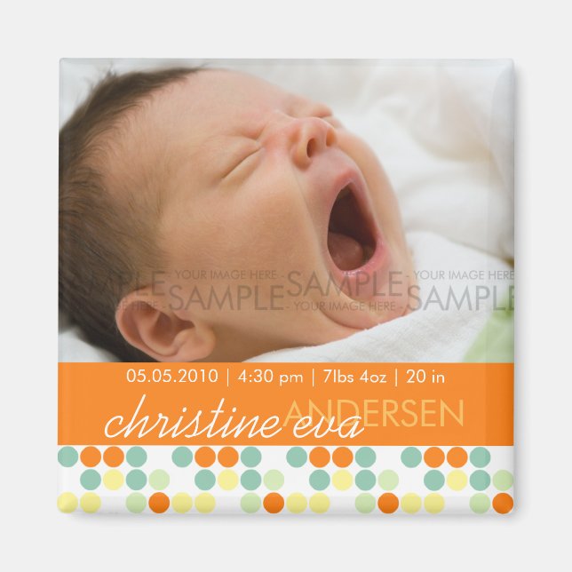Retro Dots Orange • Baby Announcement Magnet (Front)