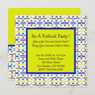 Retro Dots Pattern Blue Yellow Brown Teal Potluck Invitation